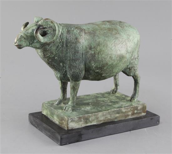 Geraldine Knight (1933-2008). A verdigris bronze, Ram, signed and numbered 1/5, length 10.5in. height 8.5in.